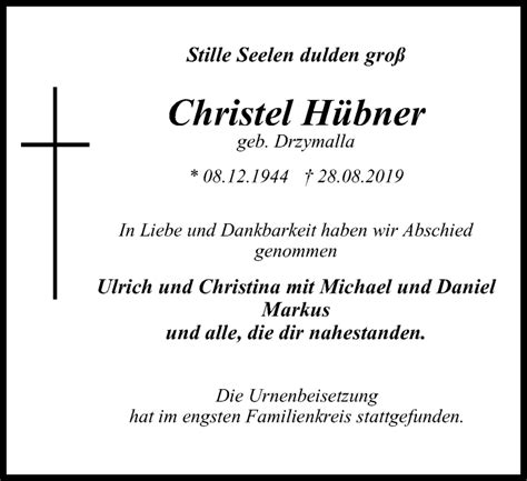 Traueranzeigen von Christel Hübner Trauer in NRW de