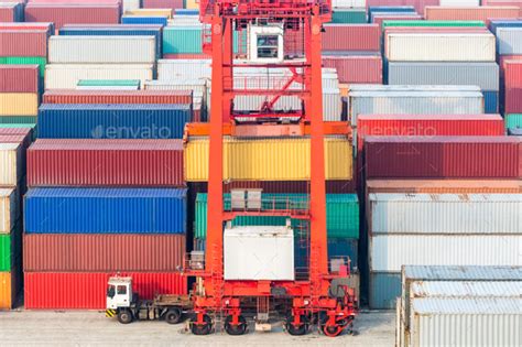 container freight station container yard  transtainer stock photo
