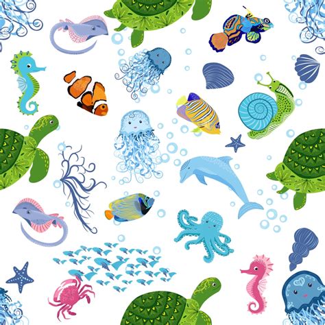 Marine Life Seamless Pattern Fish Background Sea Conch Cute