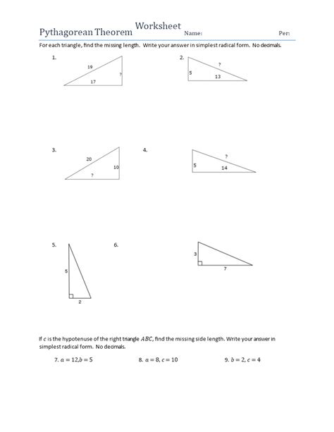 Pythagorean Theorem Guide Worksheet