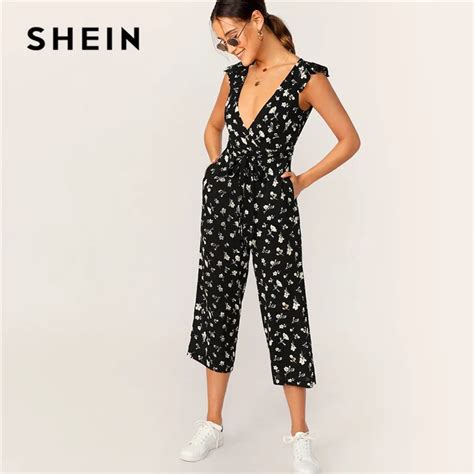 Shein Plunging Neck Ruffle Armhole Slant Pocket Sexy Jumpsuit Women