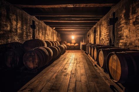 Premium Ai Image Row Of Aged Whiskey Barrels In A Dimly Lit Cellar