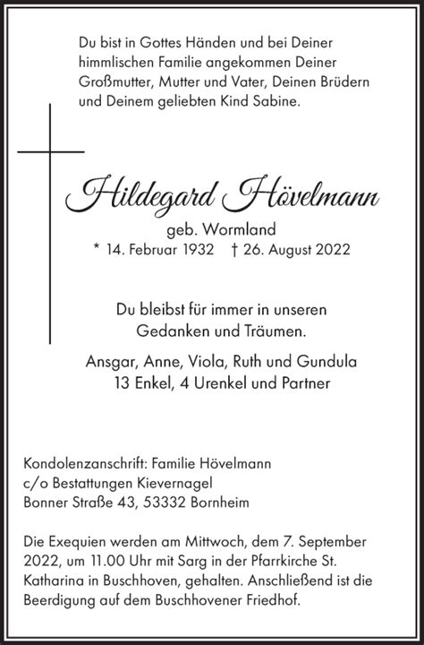 Traueranzeigen von Hildegard Hövelmann WirTrauern