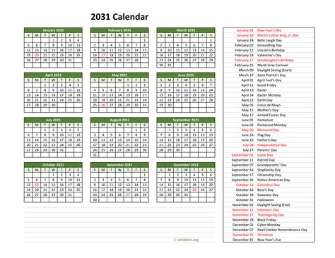 2031 Calendar with US Holidays | WikiDates.org