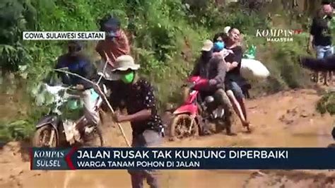 Jalan Rusak Tak Kunjung Diperbaik Warga Tanam Pohon Di Jalan Video