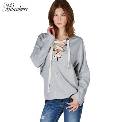 Long Sleeve V Neck Lace Up Hoodie Women Solid Loose Hooded Sweatshirt