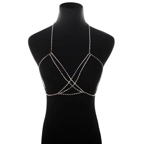 Women Sexy Jewelry Shiny Rhinestone Body Necklace Bikini Harness Bra Chest Body Cup Chain