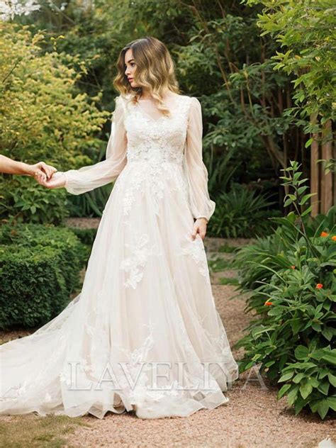 A Line V Neck Long Sleeves Appliques Lace Sweep Train Tulle Wedding