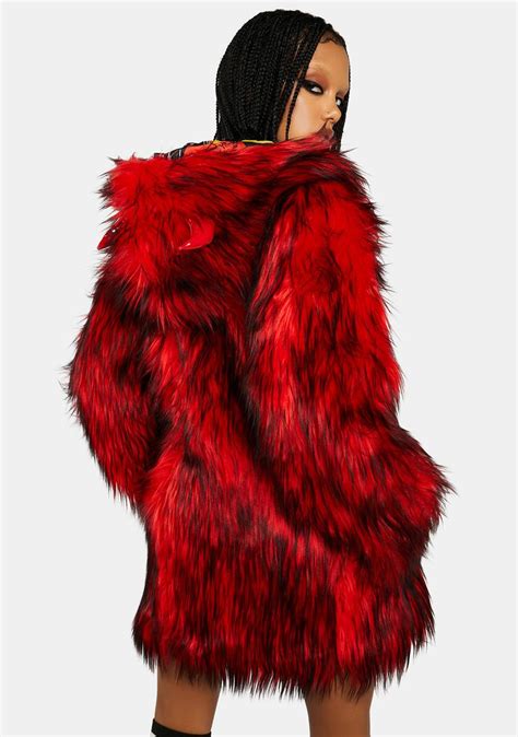 Dolls Kill X Hot Stuff Devil Horns Faux Fur Jacket Red