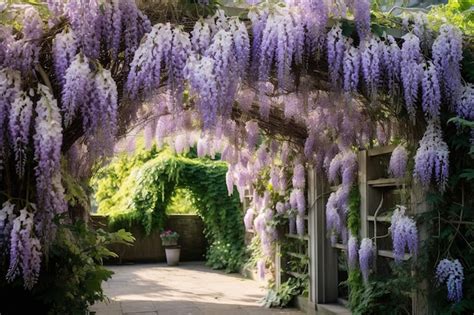 Premium Photo Blossoming Wisteria Hanging From An Arched Trellis