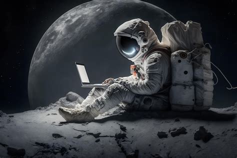 Premium Ai Image Astronaut In Outer Space Working On A Laptop Neural