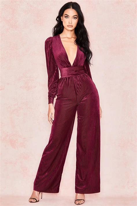 Elegant Burgundy Jumpsuit Women V Neck Long Sleeve Rompers New