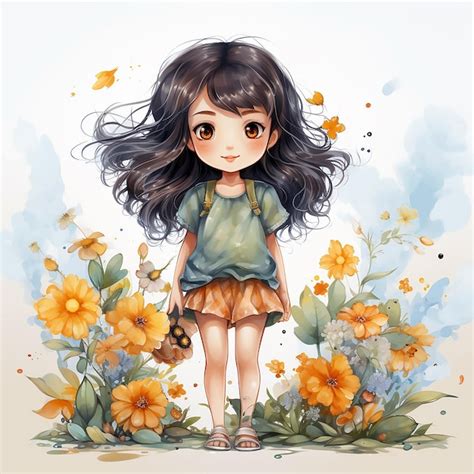 Adorável clipart de aquarela estilo kawaii de verão para meninas Foto