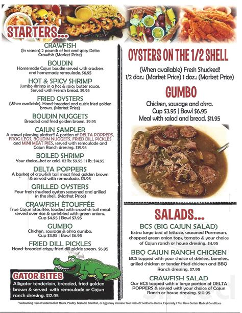 The Cajun Cafe Delta Crawfish Menu In Jonesboro Arkansas