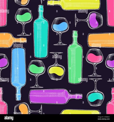 Beautiful Seamless Pattern Of Wine Bottles And Glasses On A Black Background Hand Drawn