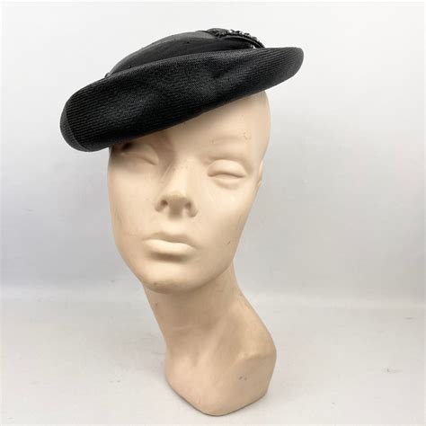 Original 1950 S Fine Black Straw Hat With Net And Bead Trim Pupuxia