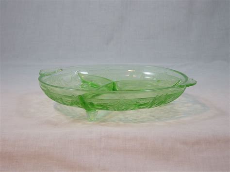 Hocking Depression Glass Green Cameo Ballerina 3 Part Relish