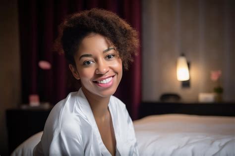 Premium Ai Image A Woman In A White Robe Sits In A Hotel Room