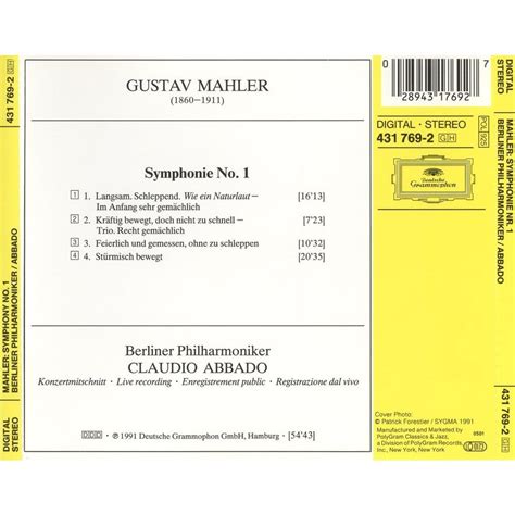 Symphony No 1 Berlin Philharmonic Orchestra Claudio Abbado By Mahler Gustav Cd With