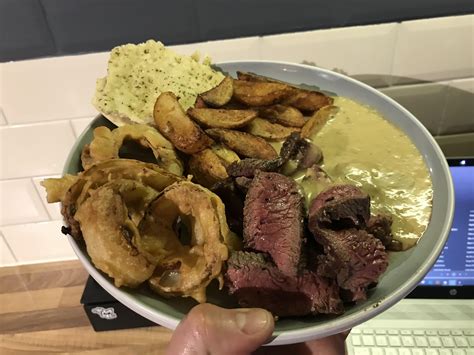 Rump Steak Garlic Bread Homemade Onion Rings Chips And Peppercorn