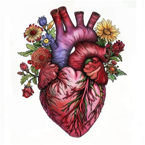 Premium Photo Anatomical Heart Surrounded By Flowers Illustration