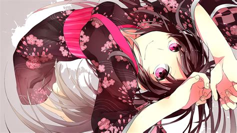 Wallpaper Illustration Long Hair Anime Girls Brunette Looking At Viewer Cartoon Red Eyes