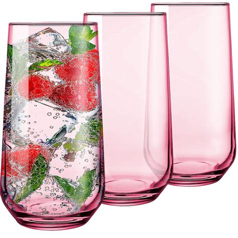 Biandeco Toronto Pink Highball Glasses Set Of 3 Glass Cocktail Drinking Barware Tall Glass