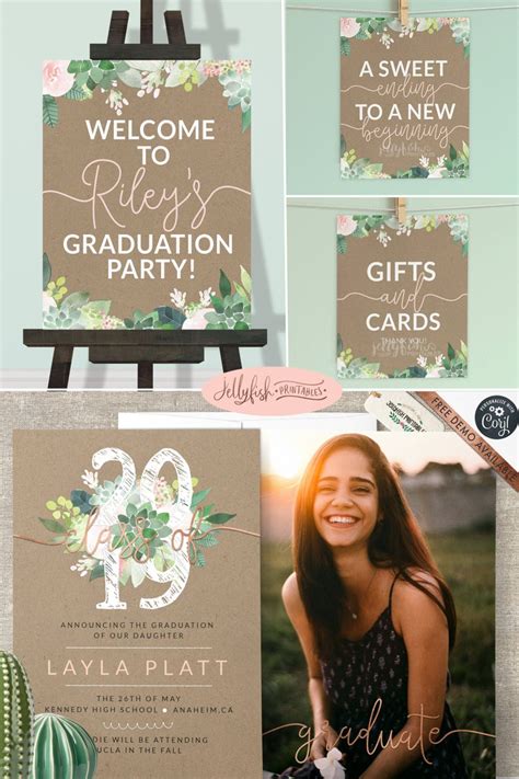 Succulent Graduation Party Invitation Template Editable Graduation