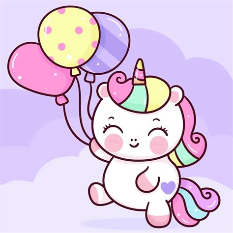 Premium Vector Cute Unicorn Cartoon And Birthday Balloon Kawaii Clipart