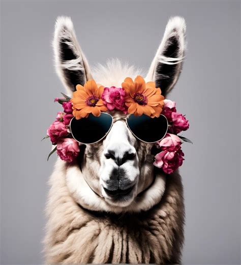 Premium Photo Beautiful Cool Lama Portrait In Sunglasses With Flowers