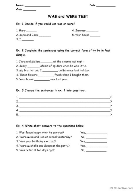 Was And Were Test English Esl Worksheets Pdf Doc