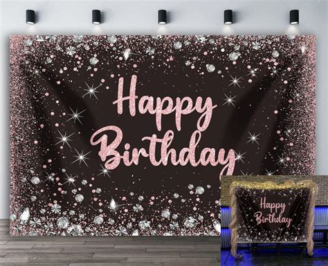 Gya Black Pink Glitter Background Rose Gold Birthday Backdrop For Girls Women Happy