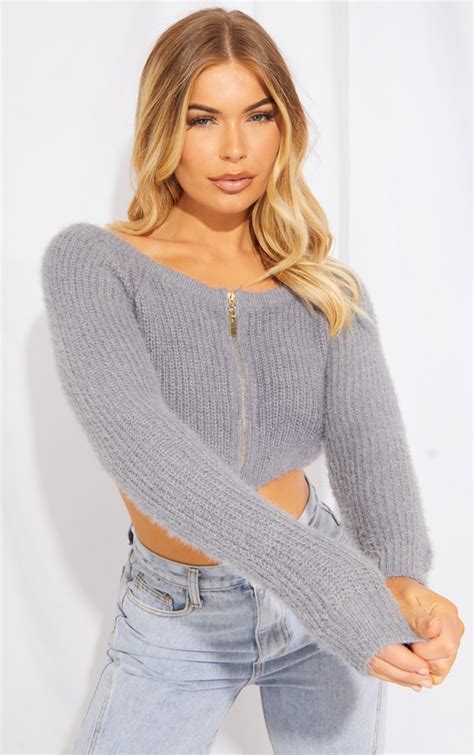 Grey Eyelash Knit Zip Through Crop Top Prettylittlething Aus