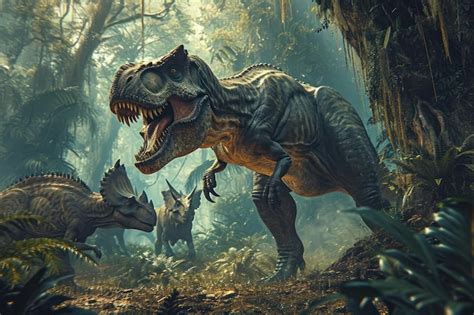 Premium Ai Image Tyrannosaurus Rex Roaring Amidst Jungle With Other