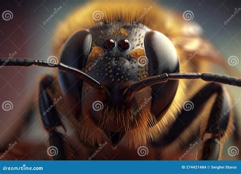 Honey Bee Portrait Extreme Macro Closeup Ai Generative Image Stock