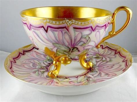 An Ornate Cup And Saucer With Gold Trimmings On The Rim Decorated With