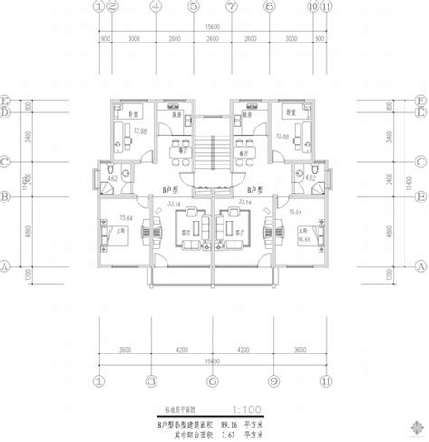 板式多层一梯两户二室一厅一卫户型图8989 建筑户型图 筑龙建筑设计论坛