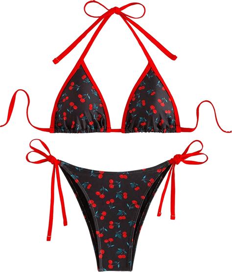 Amazon Floerns Women S Cherry Print Bathing Suit Tie Side Halter Triangle Bikini Swimsuit