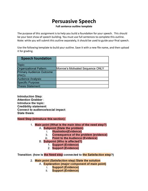 Persuasive Speech Final Outline Template Persuasive Speech Full