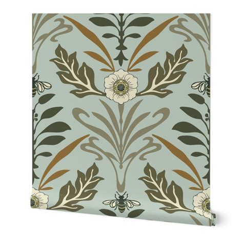 Jum Art Nouveau Jumbo Blue Honey Wallpaper Spoonflower