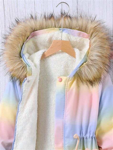 Shein Tween Girl Ombre Drawstring Waist Fuzzy Trim Hooded Thermal Lined