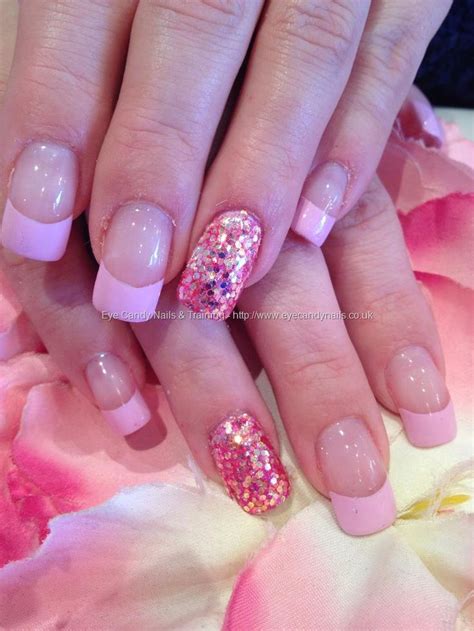 Eye Candy Nails And Training Pastel Pink Tips With Pink Glitter Ring