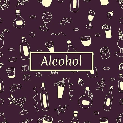 Premium Vector | Doodle alcohol in bottles and glasses on dark burgundy background seamless ...