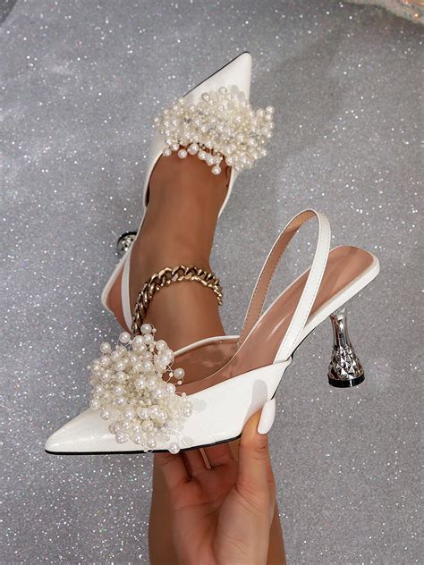 Elegant White Imitation Pearl Pyramid Heeled Slingback Pumps Stylewe