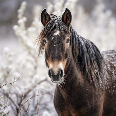 Premium Ai Image Winter Snowy Horse Standing Near The Edge In A