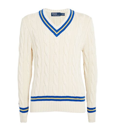 Mens Polo Ralph Lauren White Cable Knit Cricket Sweater Harrods Us