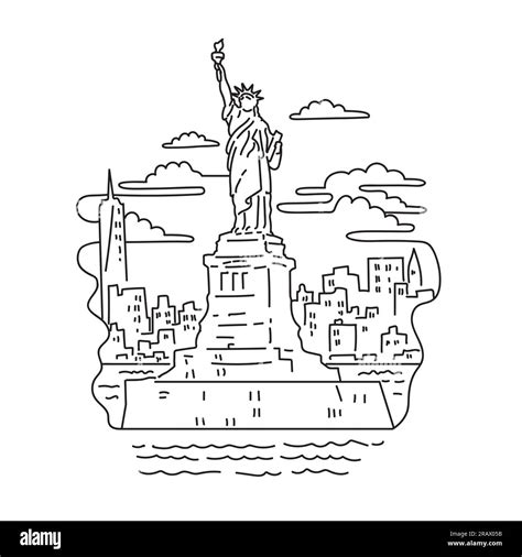 Mono Line Illustration Of The Statue Of Liberty With New York City