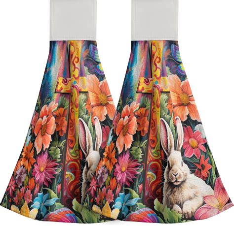 Gzhjmy Colorful Easter Hanging Kitchen Towels Bunny Kitchen Towels