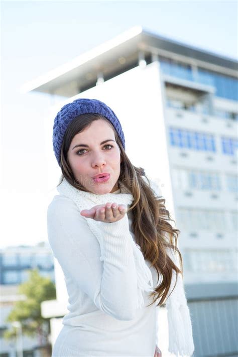 Attractive Brunette Blowing Kiss Stock Image Image Of Scarf Person 60522233