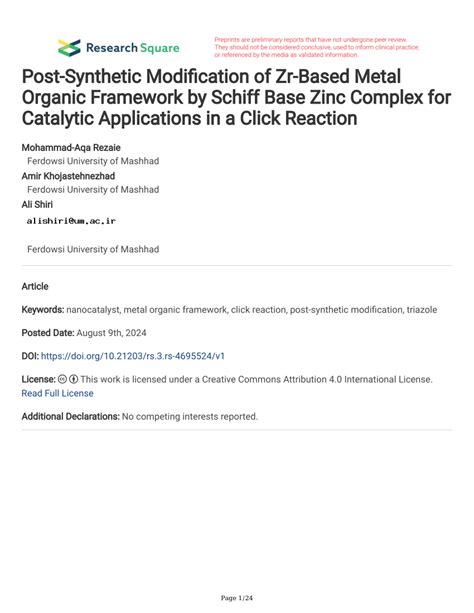 Pdf Post Synthetic Modification Of Zr Based Metal Organic Framework